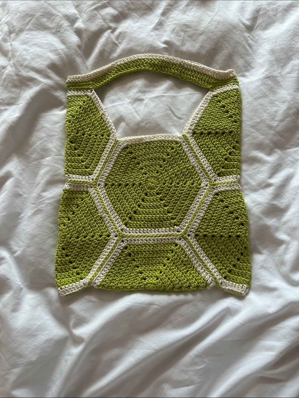 Green Crochet Hexagon Shoulder Bag with Cream Trim
